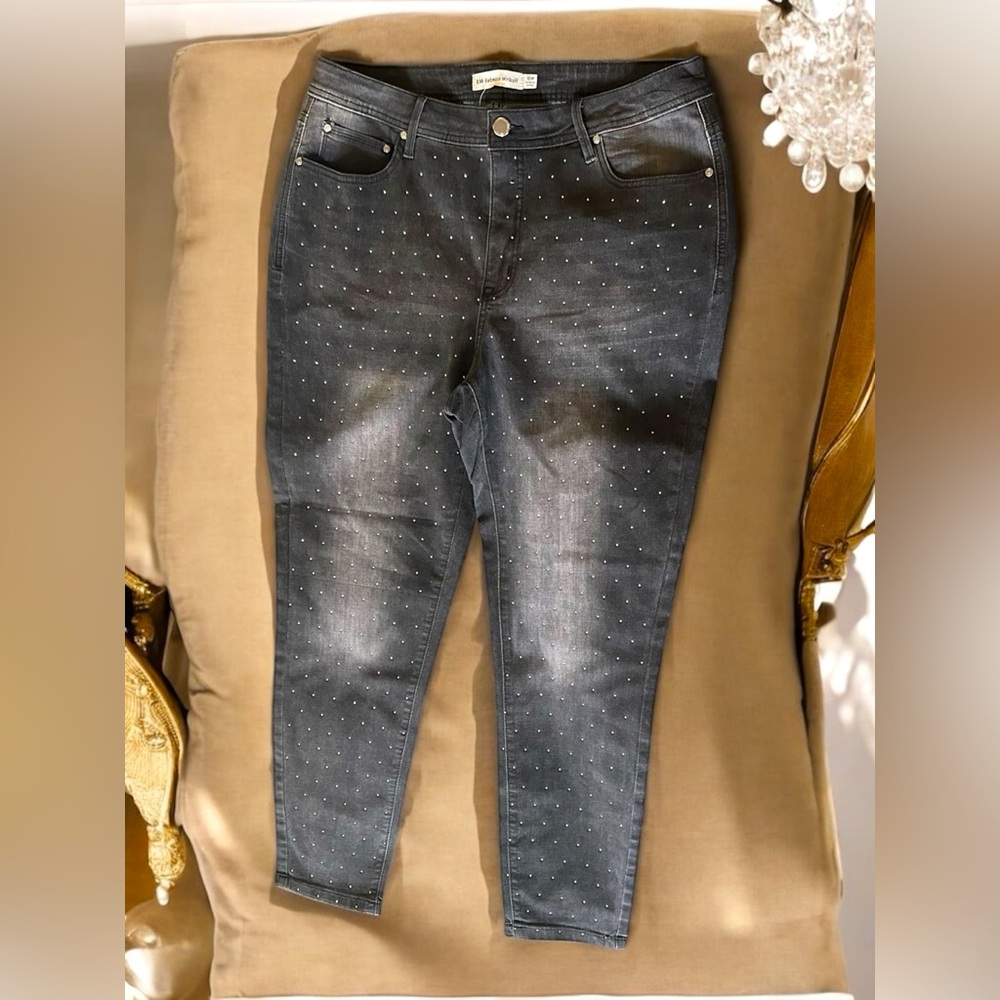 Diamond Studded Front Black Wash Designer Jeans | Size 16W by- Rebecca Minkoff
